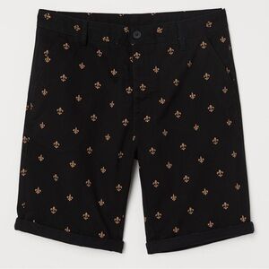 H&M Men Black Gold Fleur De Lis Preppy Old Money Cotton Twill Shorts Size 30 NWT